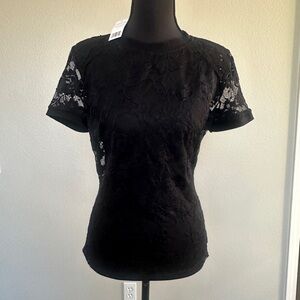 Bebe Unlined Black Lace Short Sleeve Top NWT